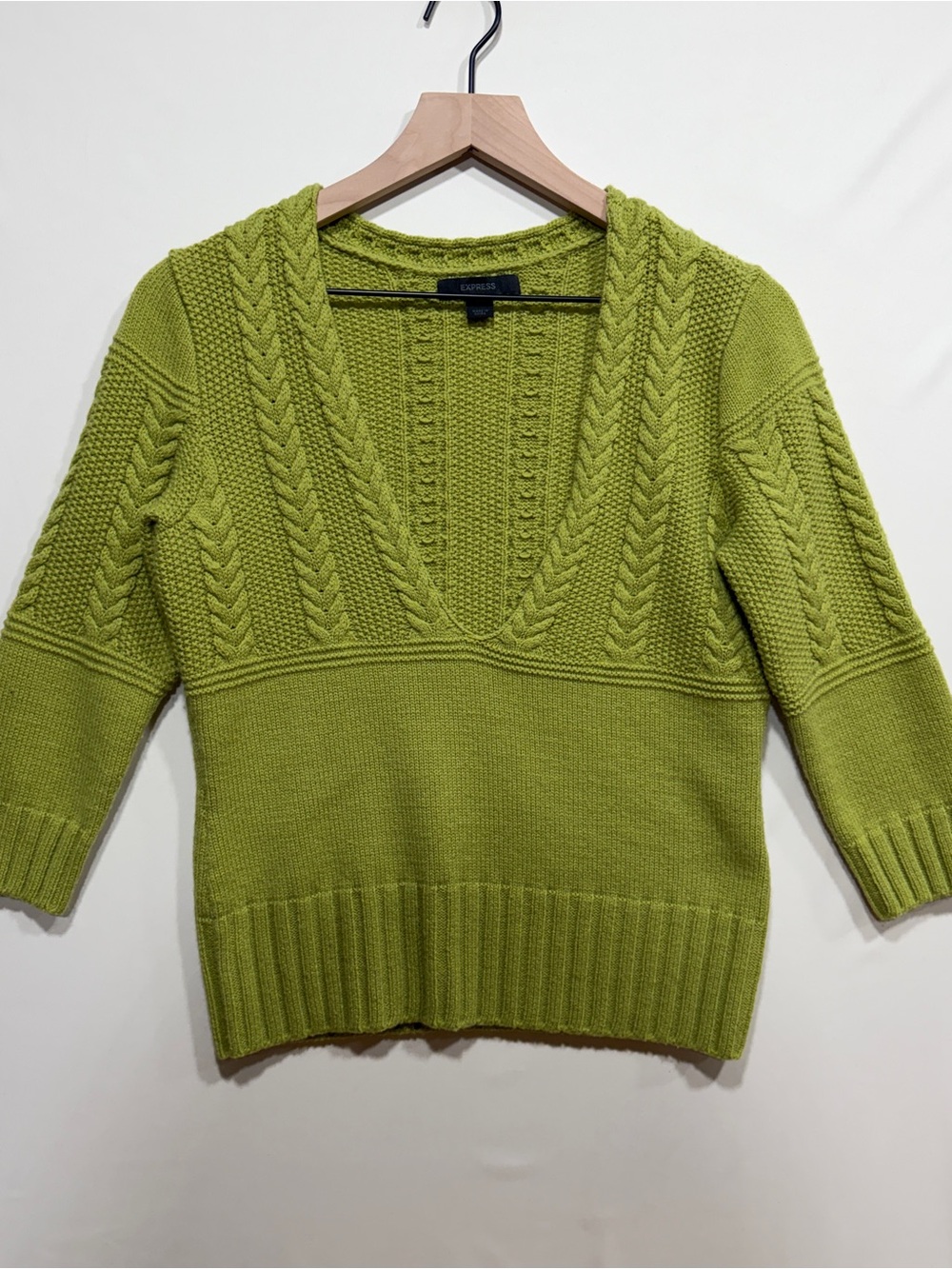 Express Merino Wool Blend Cable Knit Sweater Chartreuse Green L